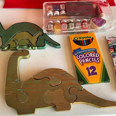 Dinosaur puzzles and art supplies