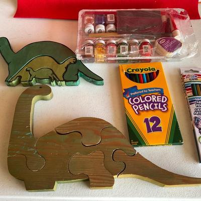 Dinosaur puzzles and art supplies