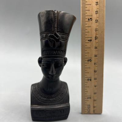 Small Vintage Nefertiti Chalkware Hieroglyphic Plaster Egyptian Black Bust Figurine