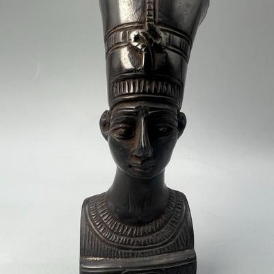 Small Vintage Nefertiti Chalkware Hieroglyphic Plaster Egyptian Black Bust Figurine