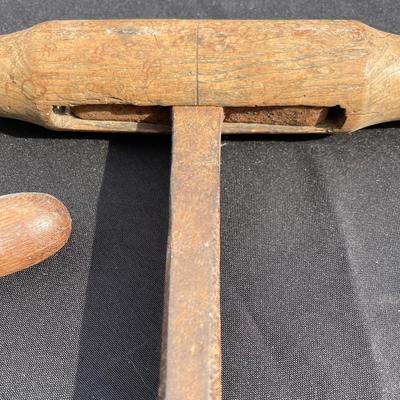 Lot 24 - 8 Cast iron meat hook and tools wood handle