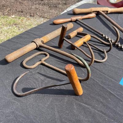 Lot 24 - 8 Cast iron meat hook and tools wood handle