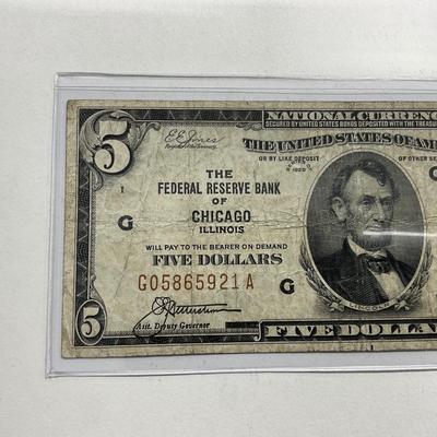 -176- CURRENCY | 1929 Five Dollar Brown Seal Chicago Federal Reserve Note