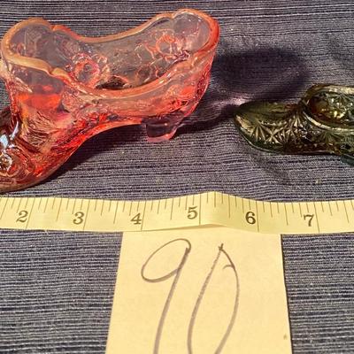 Rose Pink Fenton? Glass Shoe & Green Glass Shoe