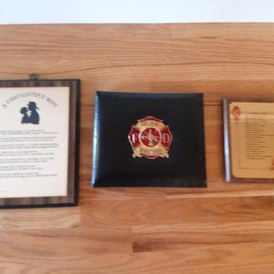 FIRE FIGHTERS PHOTO ALBUM AND WOOD PLACQUES WITH FIREMAN PRAYERS