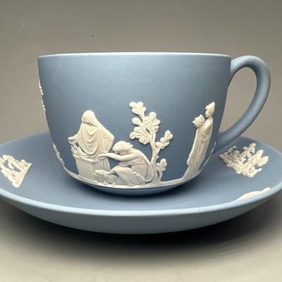 Vintage Wedgewood Pale Blue Jasperware Sacrifice Figures Cherubs Tea Cup & Saucer