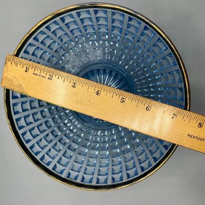Vintage Mid Century Colorful Blue Crystal Glass Square Diamond Pattern Gold Rim Decor Bowl