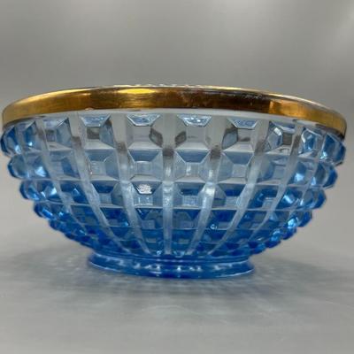 Vintage Mid Century Colorful Blue Crystal Glass Square Diamond Pattern Gold Rim Decor Bowl