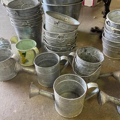 Lot 50 - collection of aluminum buckets and antique stool