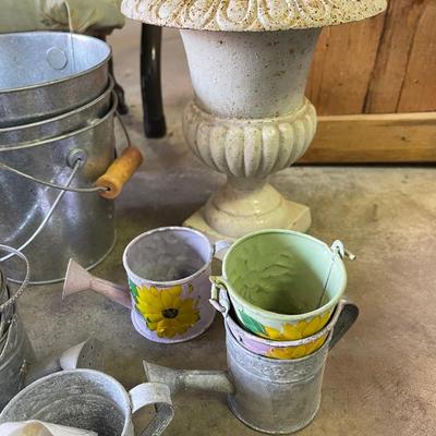 Lot 50 - collection of aluminum buckets and antique stool