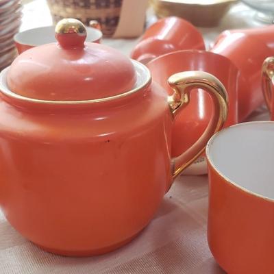 11 Orange Espresso cups, saucers and Sugar Bowl