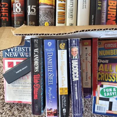 BOX OF BOOKS /CROSSWORD PUZZLES AND FOSTER GRANT READING GLASSES