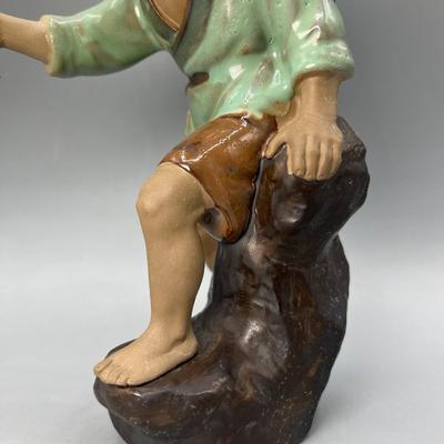 Vintage Chinese Oriental Fishing Mudman Clay Ceramic Art Pottery Stamped 360 Figurine