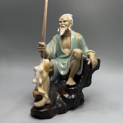 Vintage Chinese Oriental Fishing Mudman Clay Ceramic Art Pottery Figurine