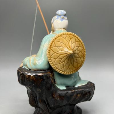 Vintage Chinese Oriental Fishing Mudman Clay Ceramic Art Pottery Figurine