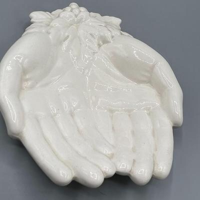 Vintage White Ceramic Open Hands Grapes Trinket Dish
