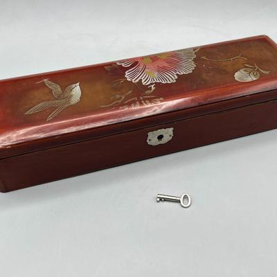 Vintage Wooden Oriental Design Rectangle Wooden Locking Jewelry Box