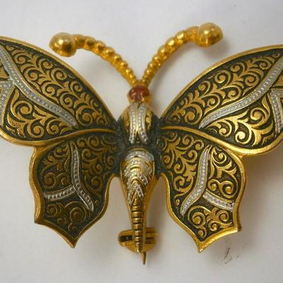 Vintage Damascene Butterfly Brooch Pin