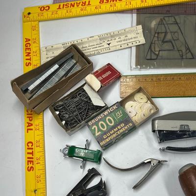 Lot of Retro Office Supplies Rulers, Stencils, Tape Measure, Stapler, & More