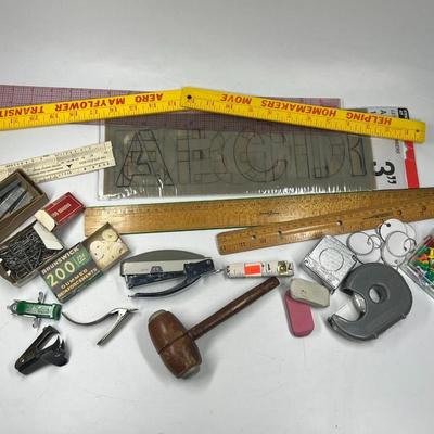 Lot of Retro Office Supplies Rulers, Stencils, Tape Measure, Stapler, & More