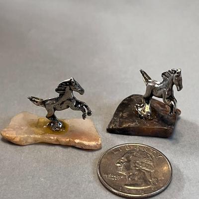PAIR TINY REARING HORSES PEWTER-LIKE STONE BASE