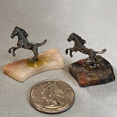 PAIR TINY REARING HORSES PEWTER-LIKE STONE BASE