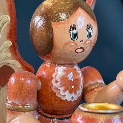 TOLE PAINTED WOODEN ANGEL HOLDS CANDLE