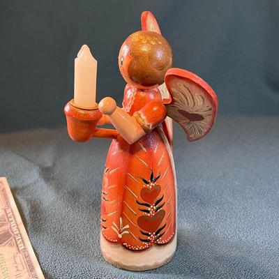 TOLE PAINTED WOODEN ANGEL HOLDS CANDLE
