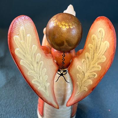 TOLE PAINTED WOODEN ANGEL HOLDS CANDLE