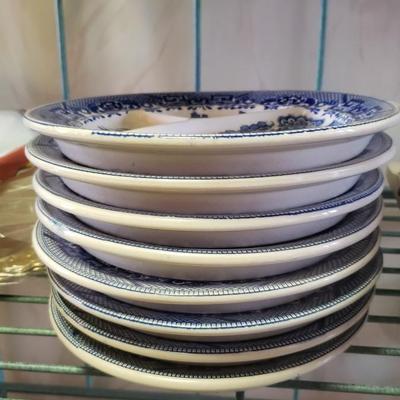 8 Ironstone Blue Willow sectioned plates made in Japan