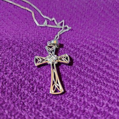Sterling 18-Inch Woven Chain with Crucifix with Diamond Chip