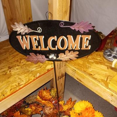 STRAW BALE-LIGHTED PUMPKIN-FALL WREATH -TIN WELCOME SIGN AND MORE