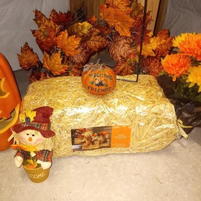 STRAW BALE-LIGHTED PUMPKIN-FALL WREATH -TIN WELCOME SIGN AND MORE
