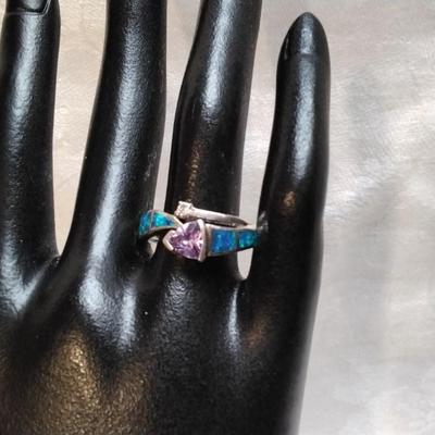 Vintage Fire Blue Opal With Amethyst and Diamond Accent Size 8
