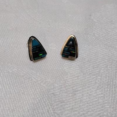 Zuni Turquoise and Opal Hand Marked Signed Post Earrings