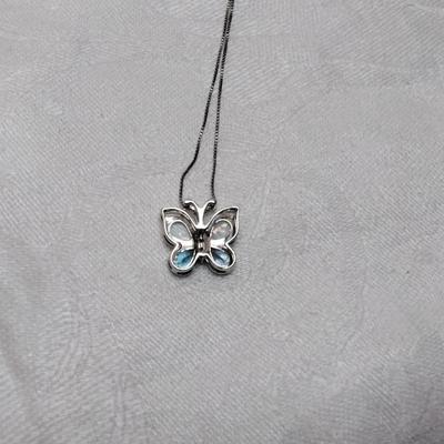 Opal and Aquamarine Butterfly With Diamond Accents  18" 925 Necklace