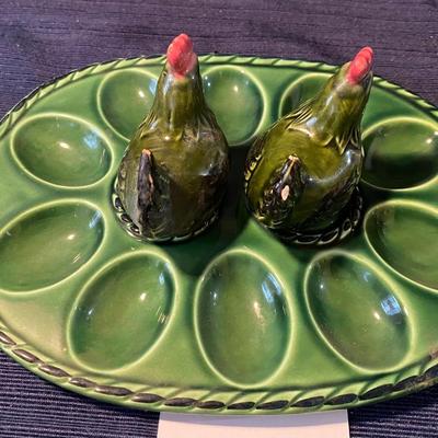 Vintage Green Egg Plate W/Chicken Shakers