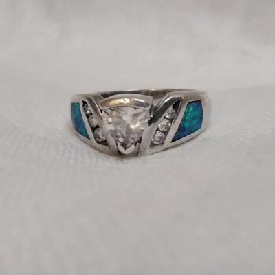 Blue Fire Opal With White Sapphires 925 Ring Size 7