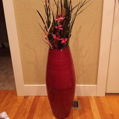 FLOOR VASE AND TWO CANVAS FLOWER PAINTINGS