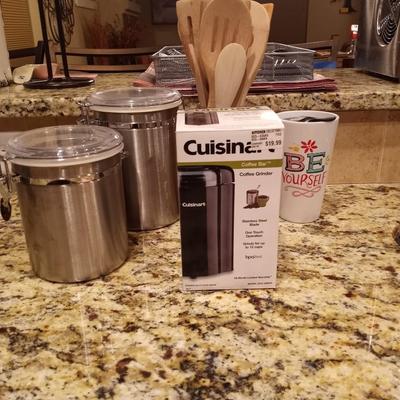 CUISINART COFFEE BEAN GRINDER (NIB)-WOODEN COOKING UTENSILS-TWO METAL CANISTERS