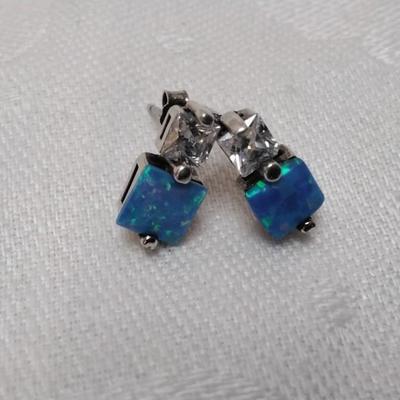 Blue Opal With White Sapphire Accent 925 Post Earrings