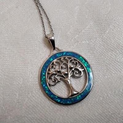 Blue Fire Opal Tree Of Life 18" 925 Necklace