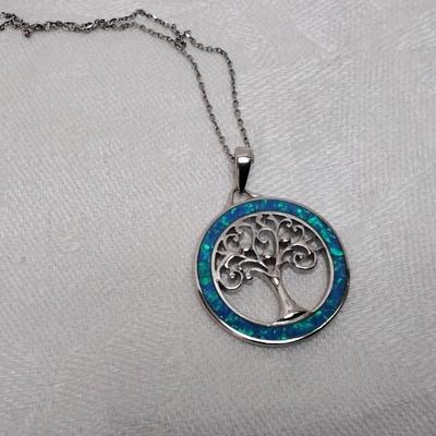 Blue Fire Opal Tree Of Life 18" 925 Necklace