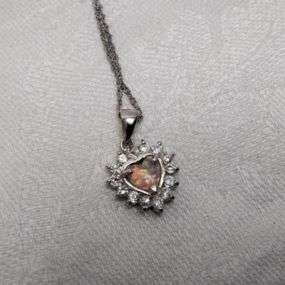 Orange Fire Opal Heart With White Sapphires 16" 925 Necklace