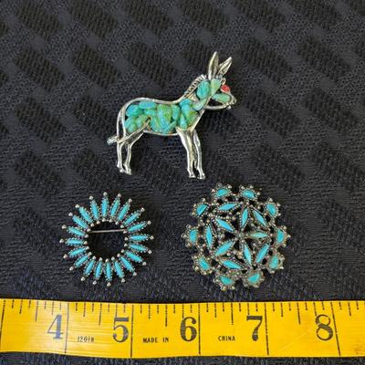 vintage faux turquoise silver tone brooches