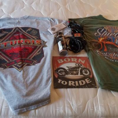 STURGIS T-SHIRTS, TIN SIGN, HD BATTERY TENDER AND LEATHER STAIN REPELLENT