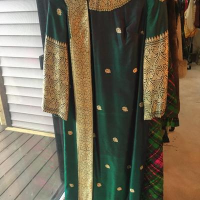 Silk floor length dress with gold trim highlights