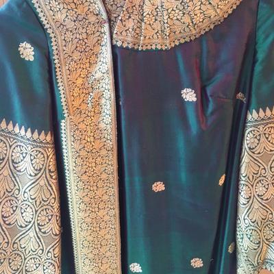 Silk floor length dress with gold trim highlights
