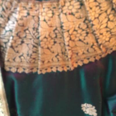 Silk floor length dress with gold trim highlights