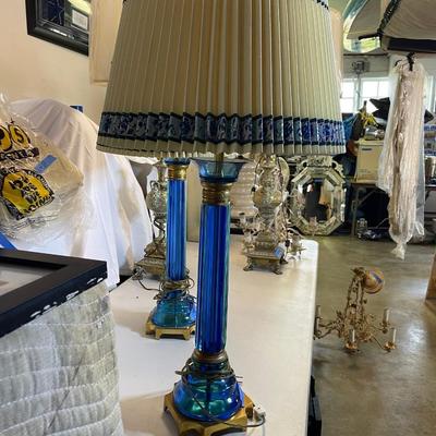 Lot 131 - Pair of Blue Glass Tall lamps!
